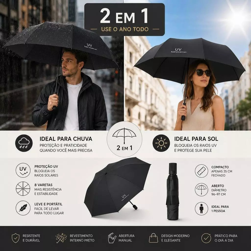 Guarda-Chuva Compacto Dobrável com Proteção UV e 8 Varetas